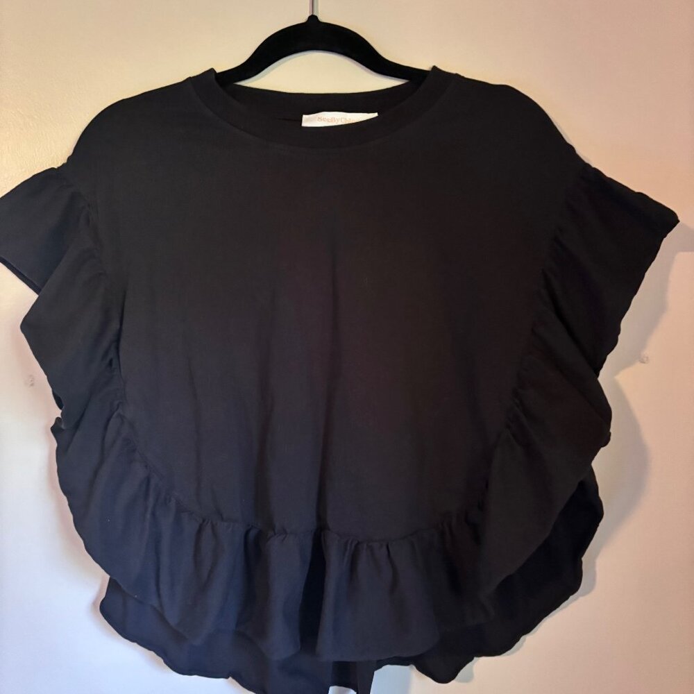 See by Chloe Black Ruffle Cropped T-Shirt Oversized Size M